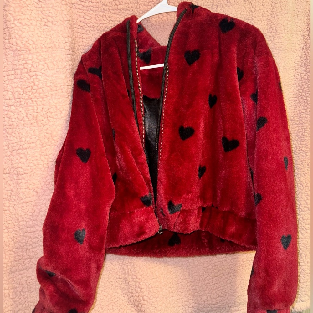 Hearts Red Fuzzy Jacket Women’s Size Small